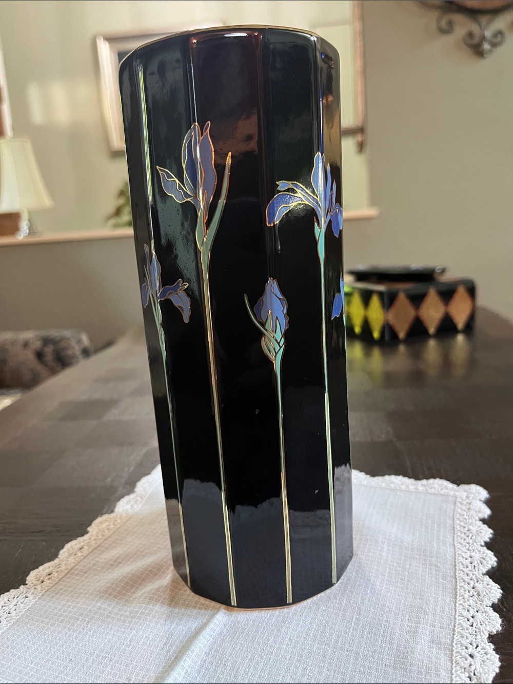 Otagiri Black Ceramic Vase with Blue Iris and Gold Trim
